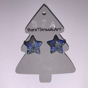 Handmade Blue Plaid Stars with Snowflake Earrings